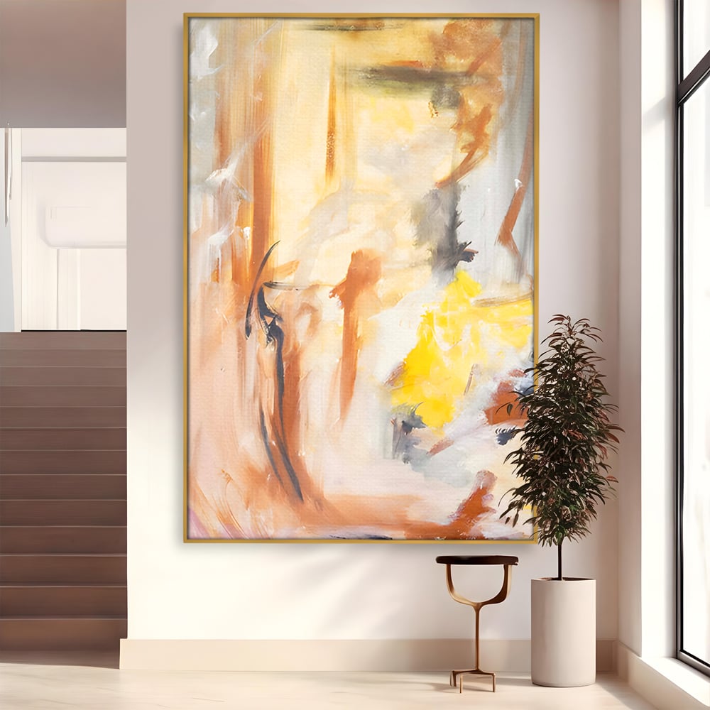 Tablou canvas cu pictura abstracta cu pete aurii si maronii, in rama de aluminiu auriu